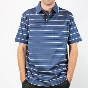 Bridgeport Smoke Blue Mercerized Striped Polo Shirt-B2419-Blue1