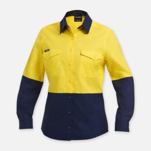 King Gee Wormen's Workcool 2 Hi-Vis Lightweight Work Shirt-K44543-YELLOW-NAVY-HERO